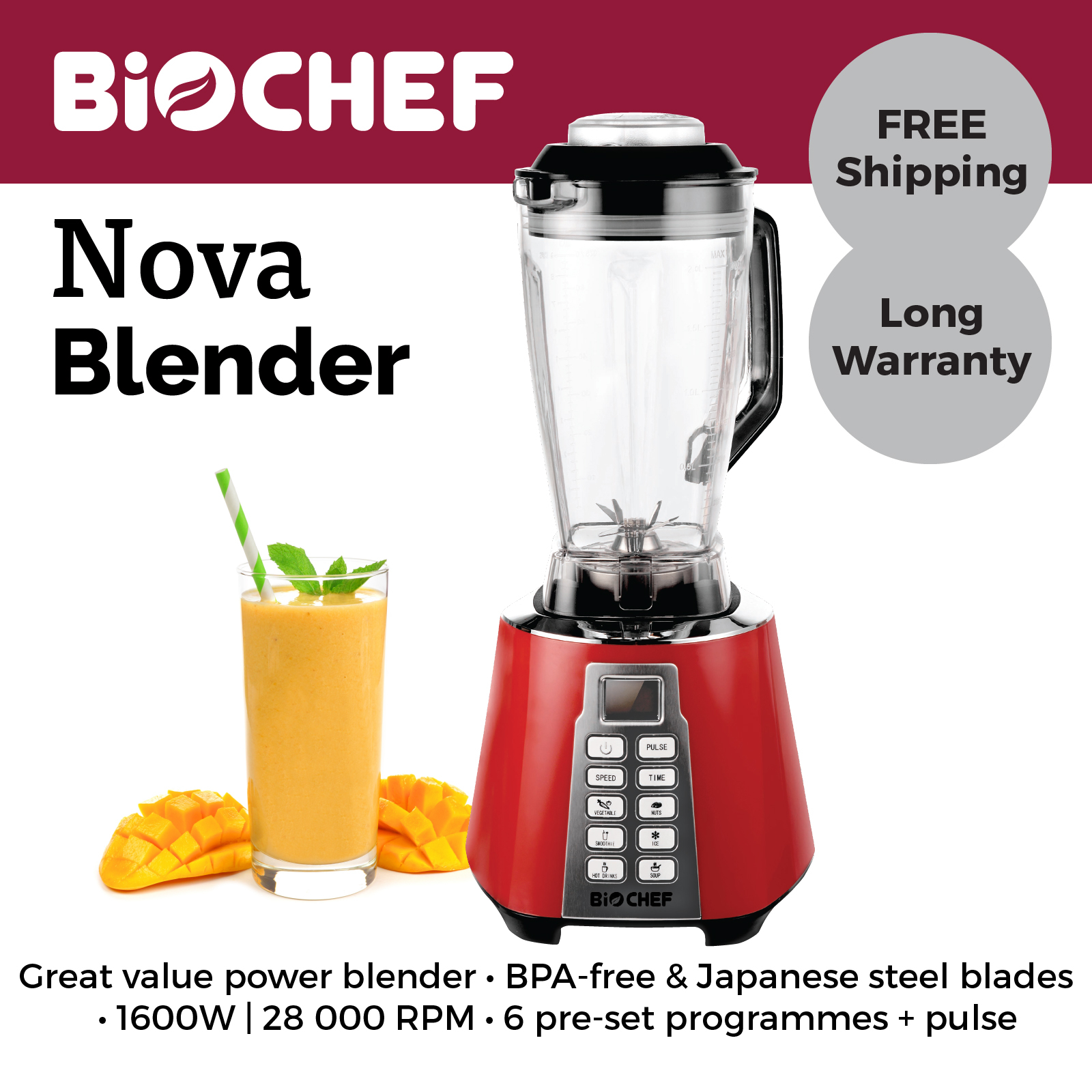 BioChef Nova Blender 28000 RPM 2L BPA-Free Jug with 6 Programs & Pulse Function 1600 W High Speed Power Blender and Smoothie Maker 